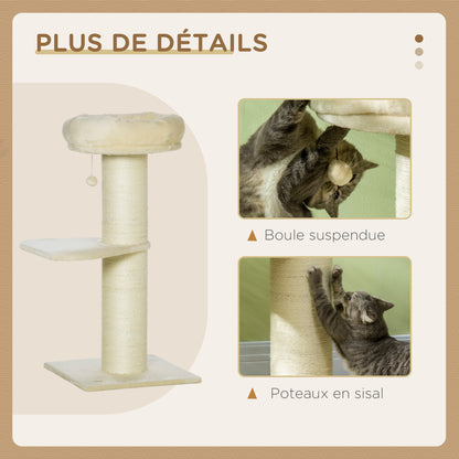 Natural Sisal Cat Tree Scratching Post with 2 Platforms Observation Basket Hanging Ball Plush Beige