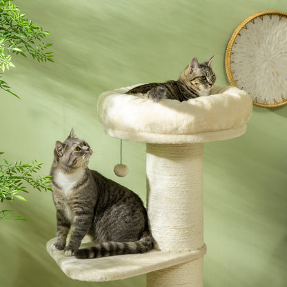 Natural Sisal Cat Tree Scratching Post with 2 Platforms Observation Basket Hanging Ball Plush Beige