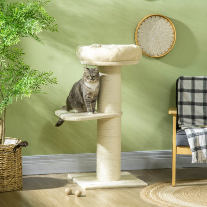 Natural Sisal Cat Tree Scratching Post with 2 Platforms Observation Basket Hanging Ball Plush Beige