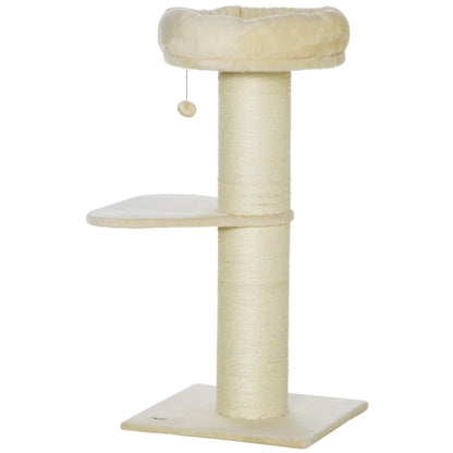 Natural Sisal Cat Tree Scratching Post with 2 Platforms Observation Basket Hanging Ball Plush Beige