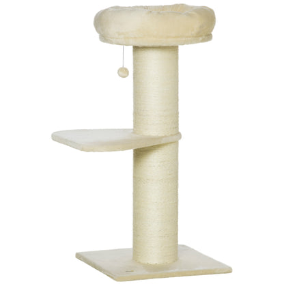 Natural Sisal Cat Tree Scratching Post with 2 Platforms Observation Basket Hanging Ball Plush Beige