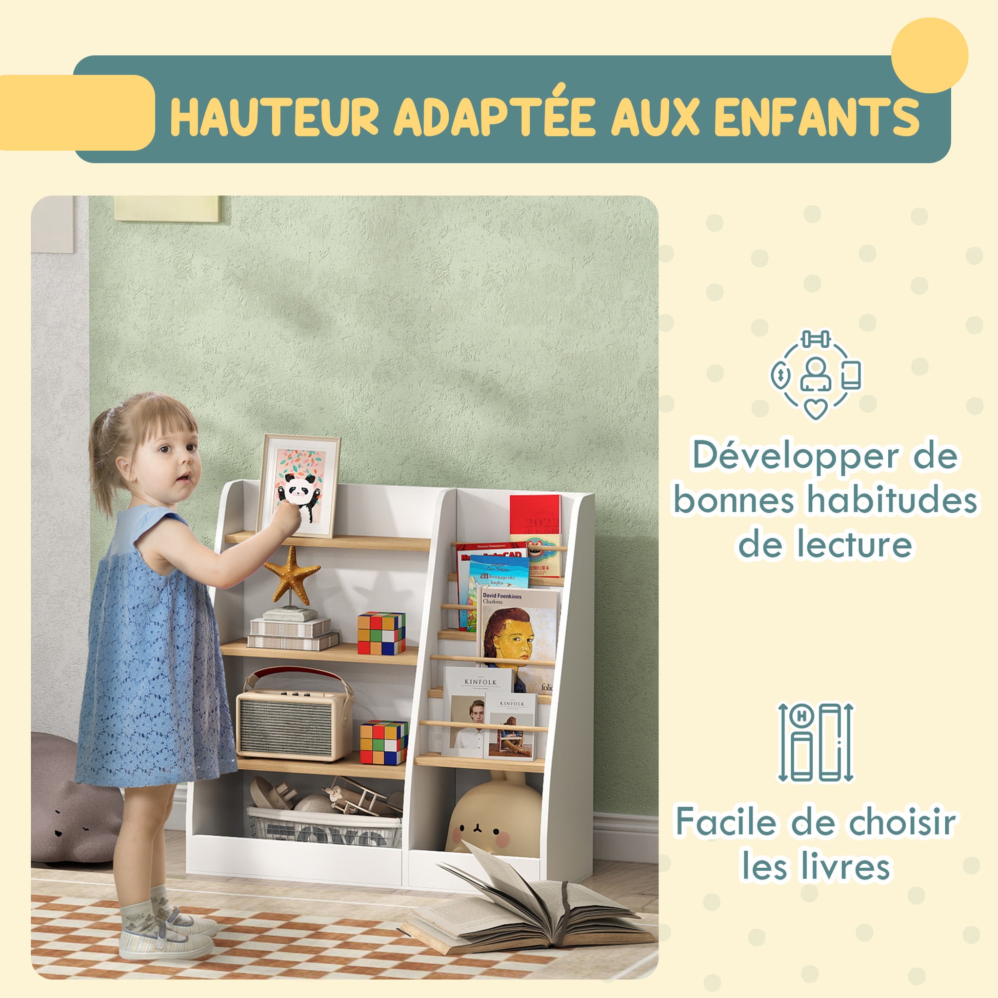 Children's Bookshelf, Kids Book Storage 4 Levels, Book Stand, Storage Grid, Toy Storage Cabinet, Children's Room and Playroom Shelf, White