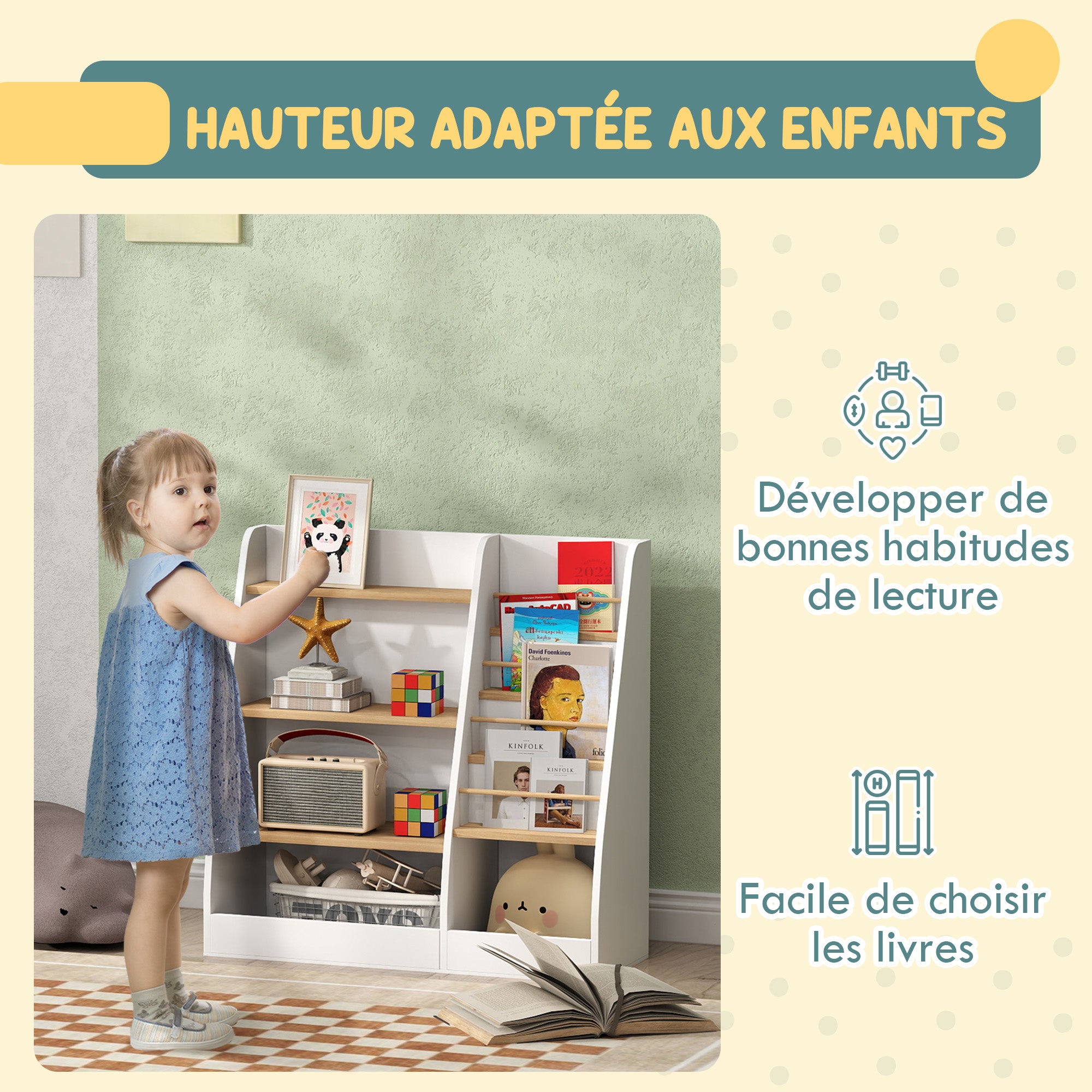 Children's Bookshelf, Kids Book Storage 4 Levels, Book Stand, Storage Grid, Toy Storage Cabinet, Children's Room and Playroom Shelf, White