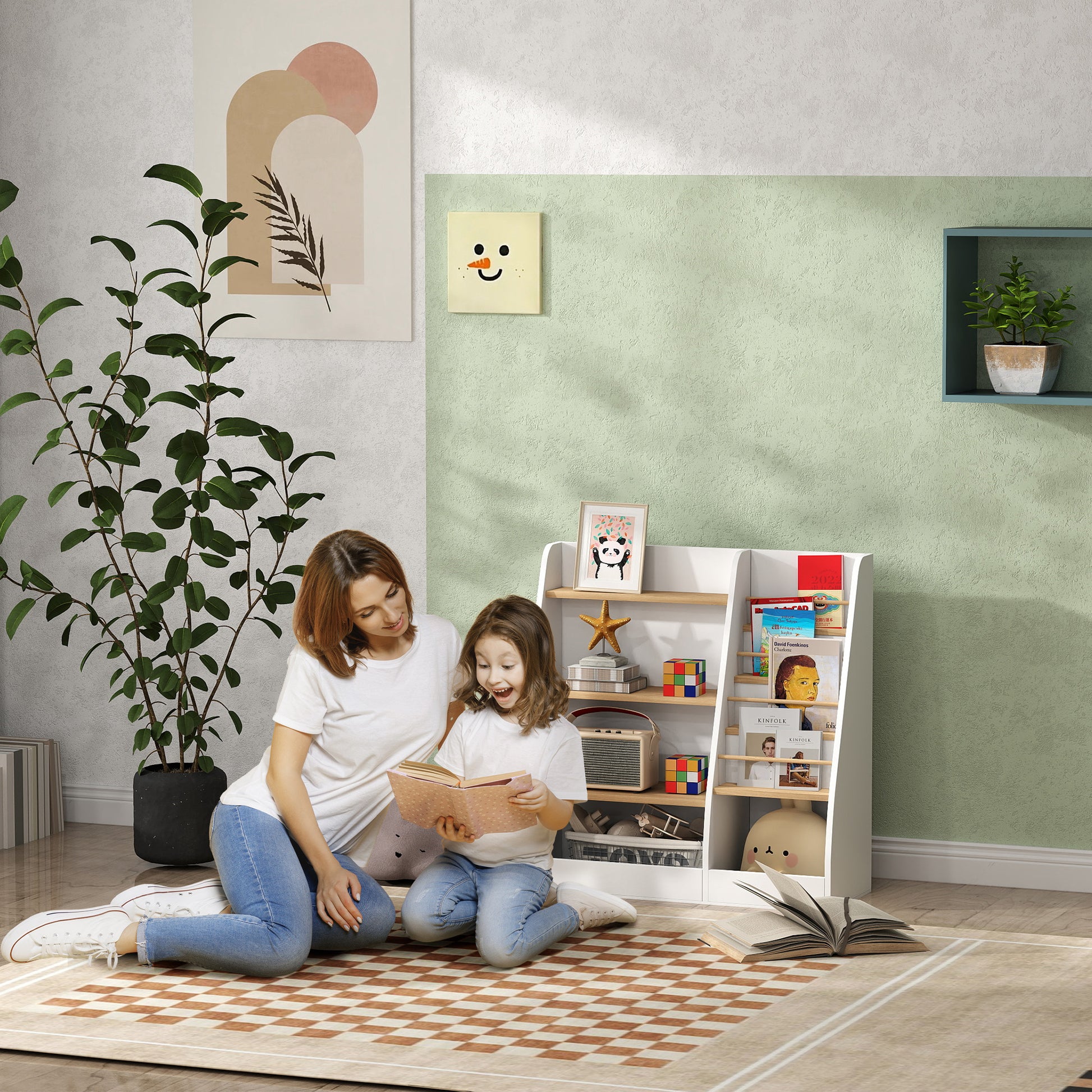 Children's Bookshelf, Kids Book Storage 4 Levels, Book Stand, Storage Grid, Toy Storage Cabinet, Children's Room and Playroom Shelf, White