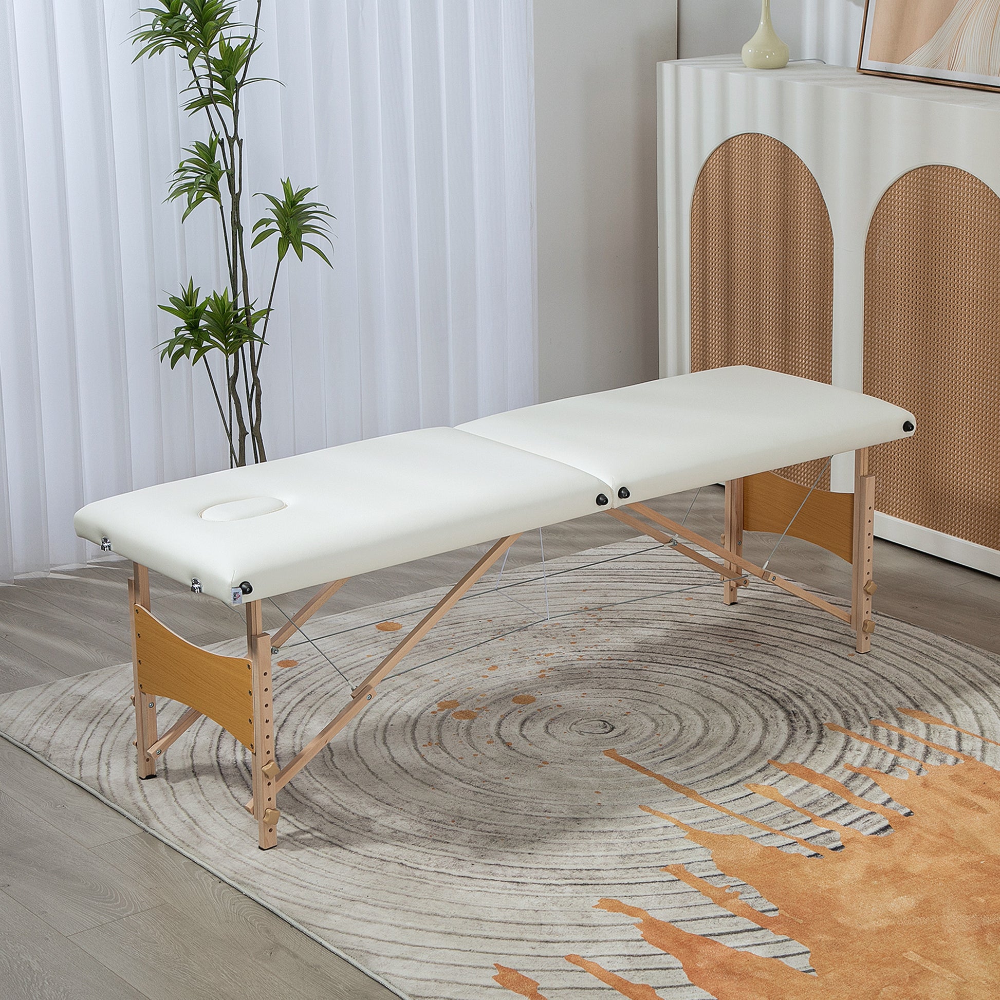 Folding Massage Table Portable Massage Bed with Headrest Beech Wood Frame Physiotherapy Table with Adjustable Height and Carrying Bag 186x60x58-81 cm Cream