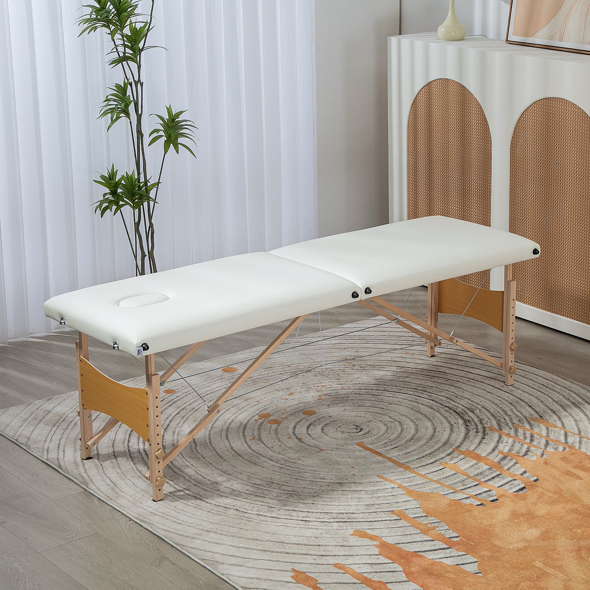 Folding Massage Table Portable Massage Bed with Headrest Beech Wood Frame Physiotherapy Table with Adjustable Height and Carrying Bag 186x60x58-81 cm Cream