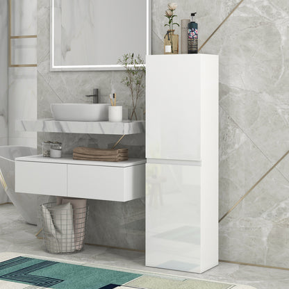 Bathroom Tall Cabinet, High Gloss Finish Storage Cabinet, Adjustable Shelves, 2 Cupboards, Bathroom Storage Shelf, 35 x 25 x 120 cm, White Gloss