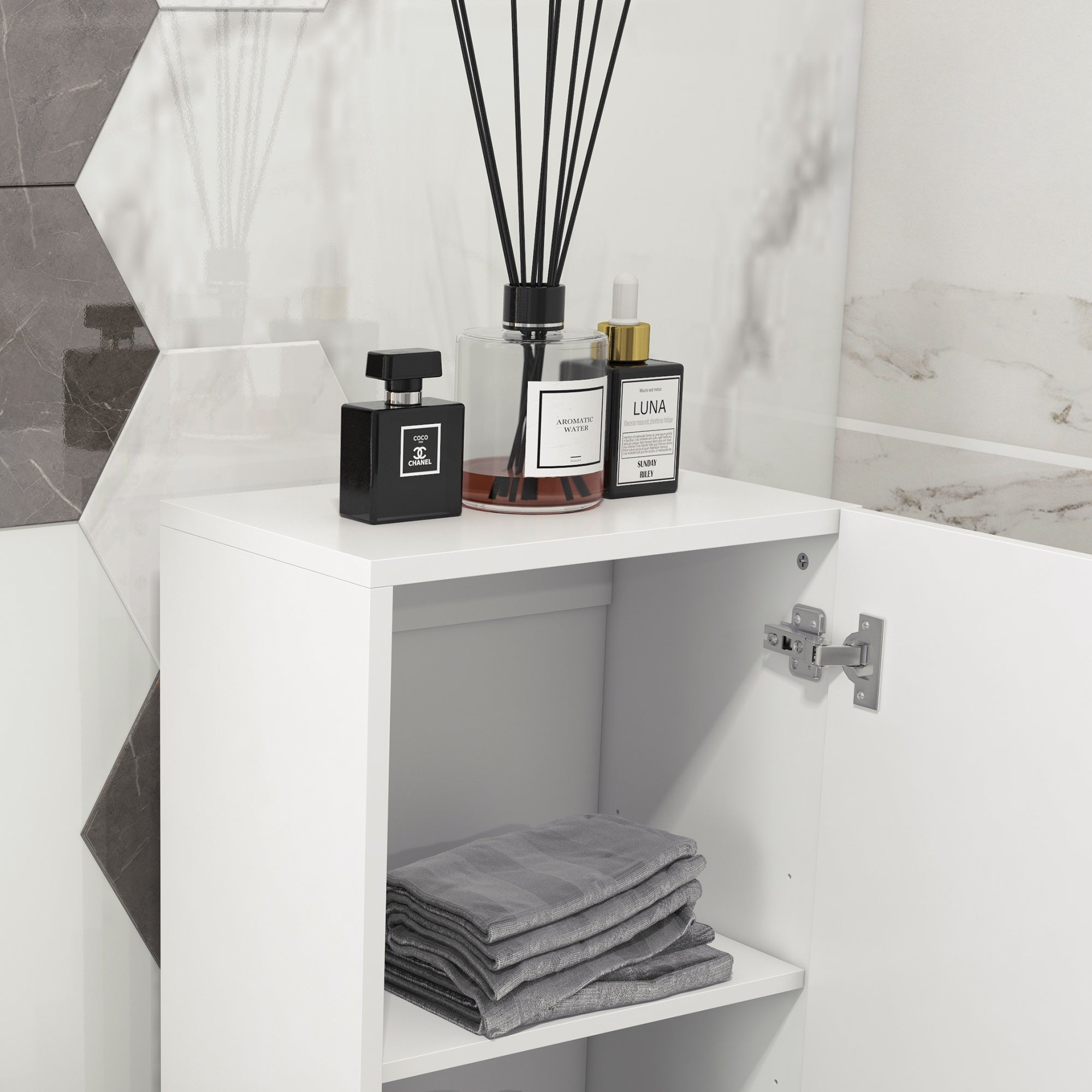Bathroom Tall Cabinet, High Gloss Finish Storage Cabinet, Adjustable Shelves, 2 Cupboards, Bathroom Storage Shelf, 35 x 25 x 120 cm, White Gloss