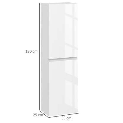Bathroom Tall Cabinet, High Gloss Finish Storage Cabinet, Adjustable Shelves, 2 Cupboards, Bathroom Storage Shelf, 35 x 25 x 120 cm, White Gloss