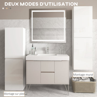 Bathroom Tall Cabinet, High Gloss Finish Storage Cabinet, Adjustable Shelves, 2 Cupboards, Bathroom Storage Shelf, 35 x 25 x 120 cm, White Gloss