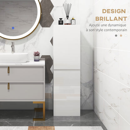 Bathroom Tall Cabinet, High Gloss Finish Storage Cabinet, Adjustable Shelves, 2 Cupboards, Bathroom Storage Shelf, 35 x 25 x 120 cm, White Gloss