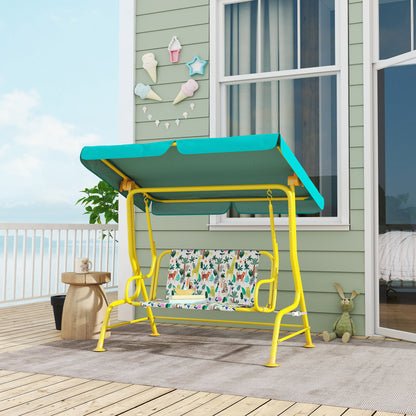 Kids' Patio Swing, 2-Seater Children's Swing with Adjustable Canopy, Safety Belts — Garden/Patio Swing Bench for Ages 3–6, Up to 132 lb, Green