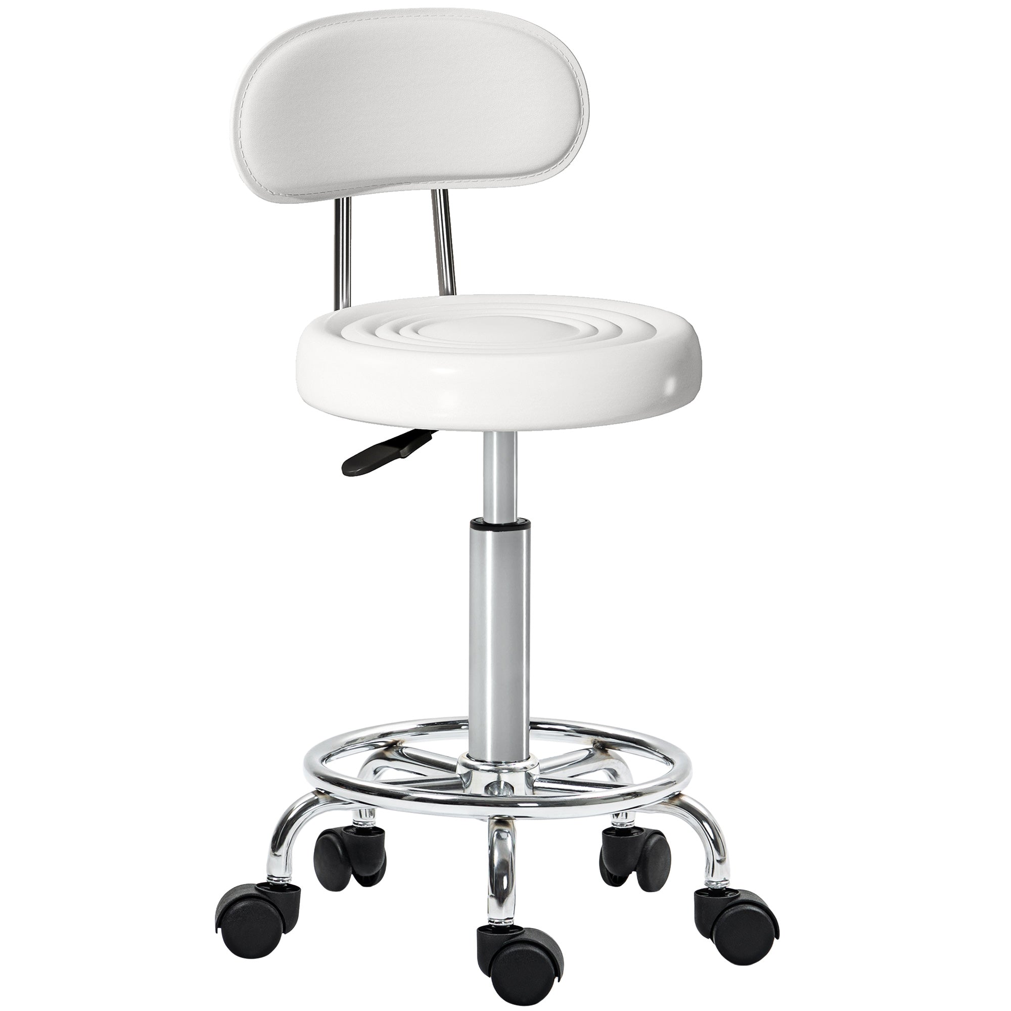 Adjustable Swivel Stool with Wheels & Backrest, White PU Leather — 27.6–33.9 in Height