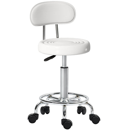 Adjustable Swivel Stool with Wheels & Backrest, White PU Leather — 27.6–33.9 in Height