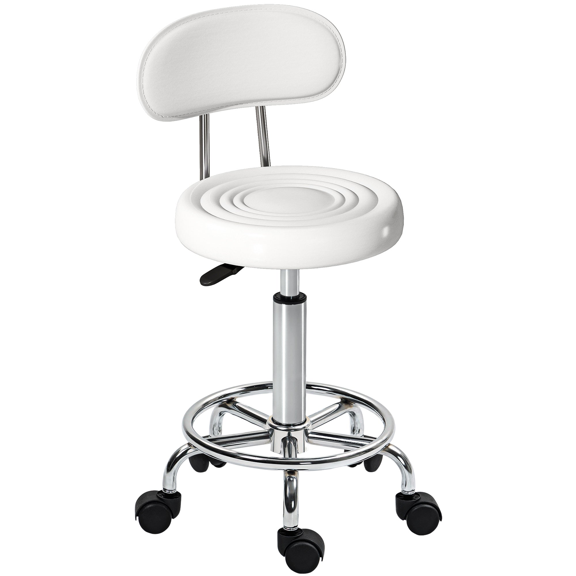 Adjustable Swivel Stool with Wheels & Backrest, White PU Leather — 27.6–33.9 in Height