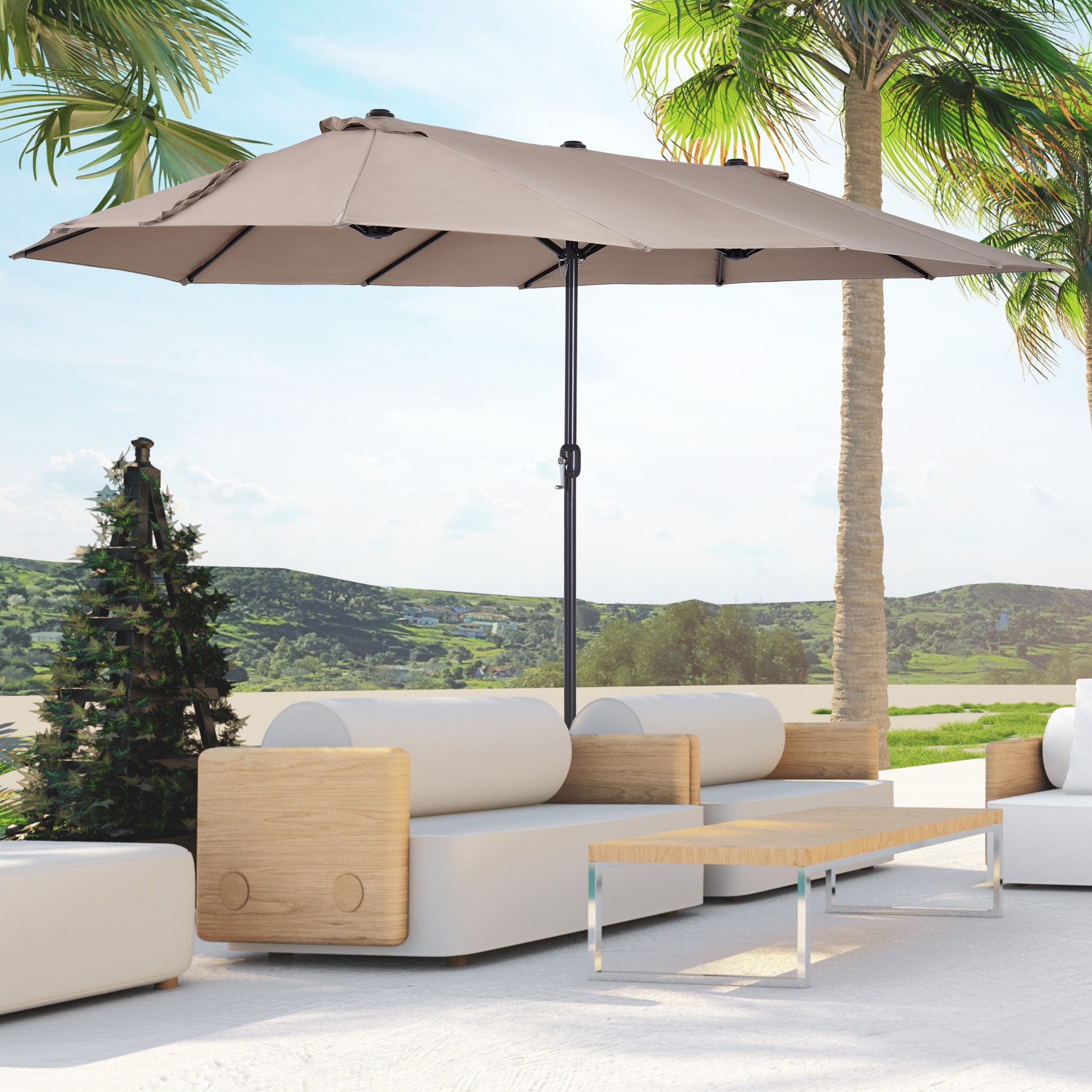 Double Sun Umbrella 455 x 265 cm, UV Protection Parasol with Crank, Balcony Beach Umbrella Windproof Crank Umbrella Sun Protection for Beach Balcony Garden, Light Coffee