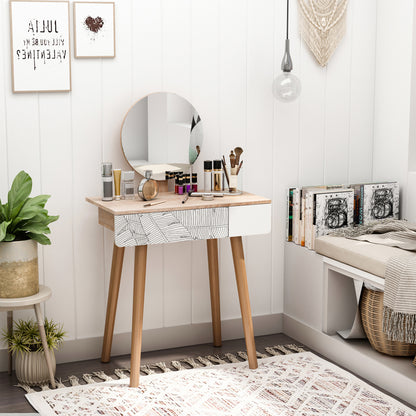 Makeup Vanity Table with Circular Mirror Ф39cm, Makeup Console with Drawer with Jungle Decoration, White and Oak, 70x39x119-128cm