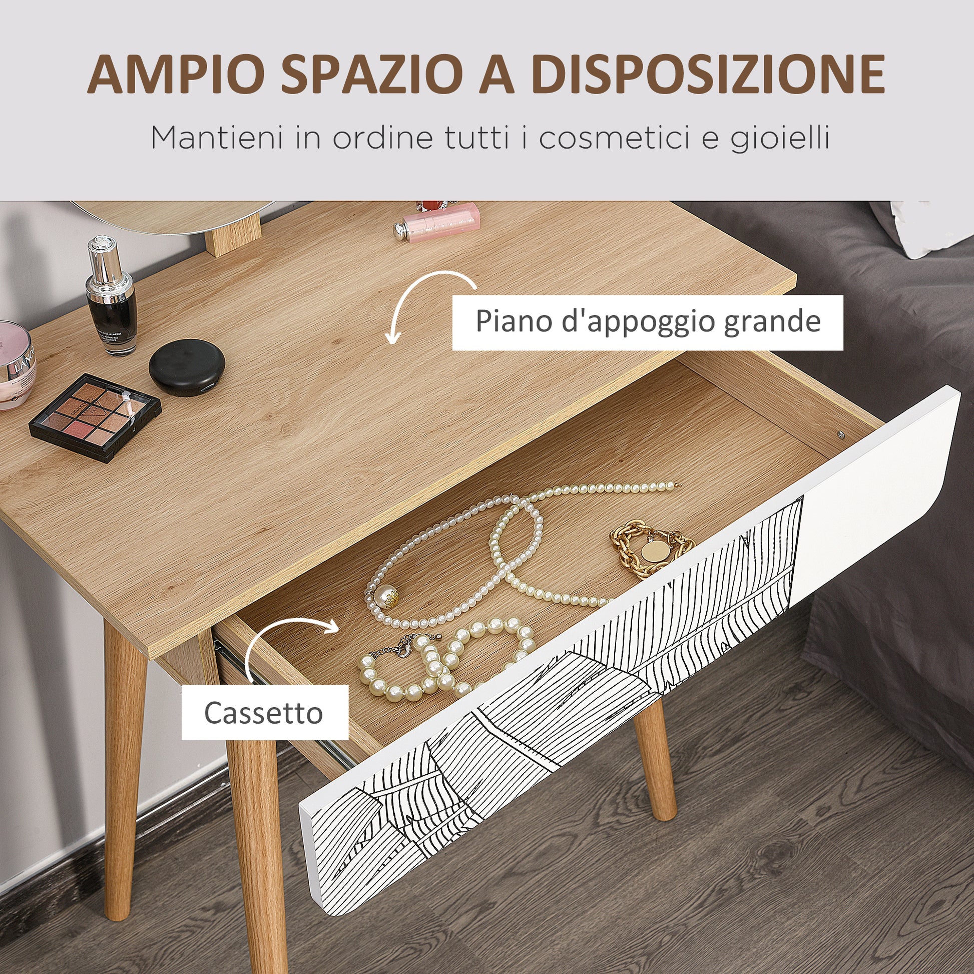 Makeup Vanity Table with Circular Mirror Ф39cm, Makeup Console with Drawer with Jungle Decoration, White and Oak, 70x39x119-128cm