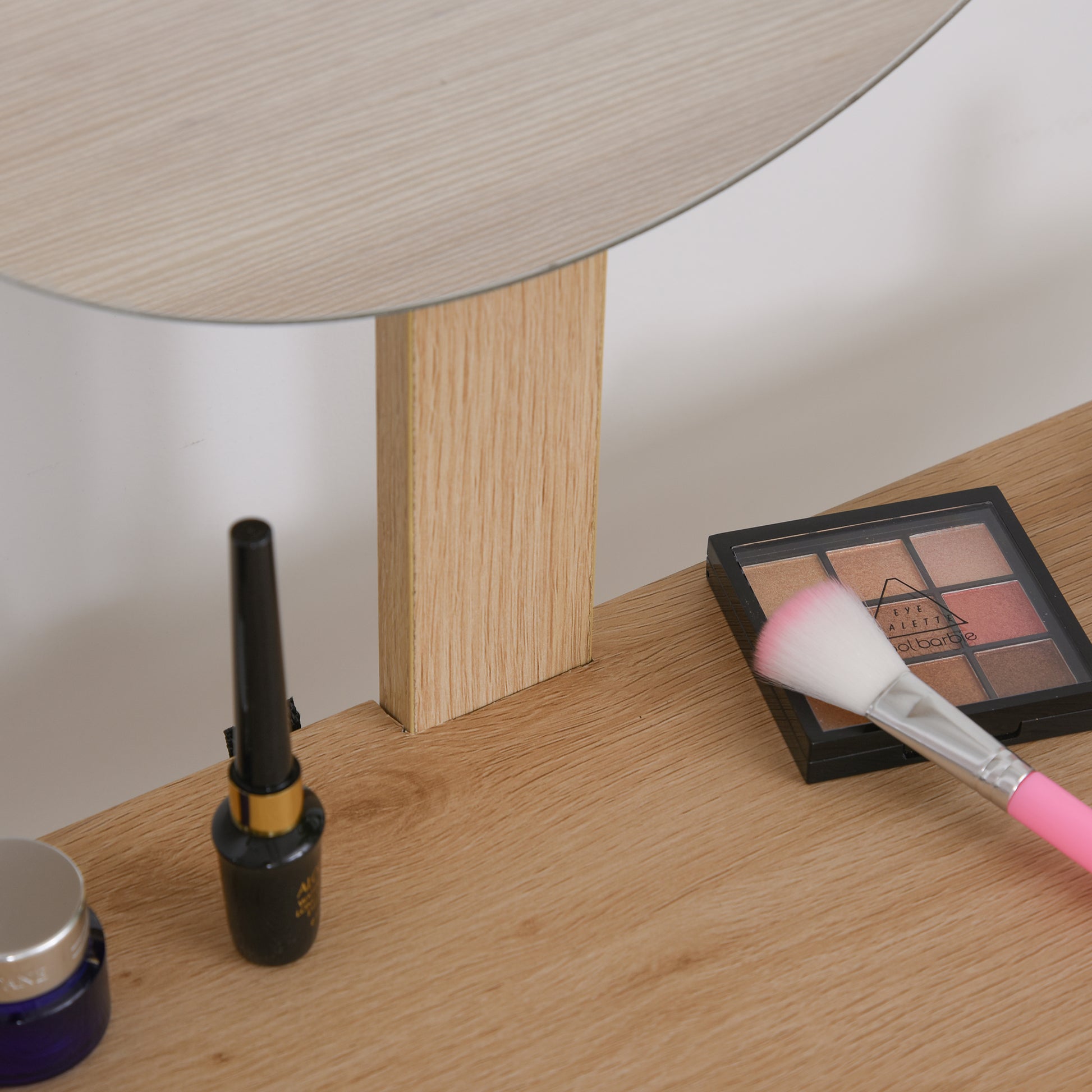 Makeup Vanity Table with Circular Mirror Ф39cm, Makeup Console with Drawer with Jungle Decoration, White and Oak, 70x39x119-128cm