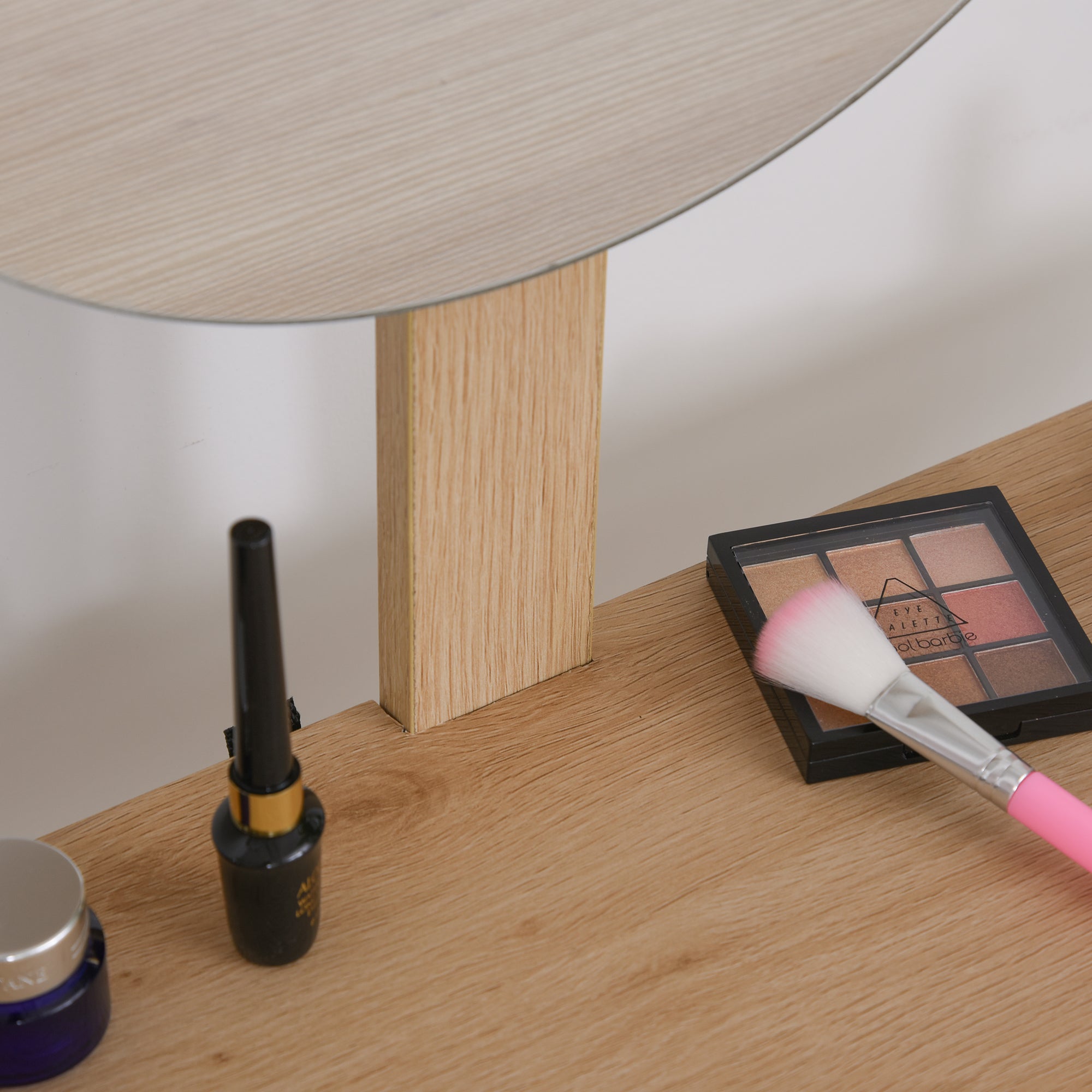 Makeup Vanity Table with Circular Mirror Ф39cm, Makeup Console with Drawer with Jungle Decoration, White and Oak, 70x39x119-128cm