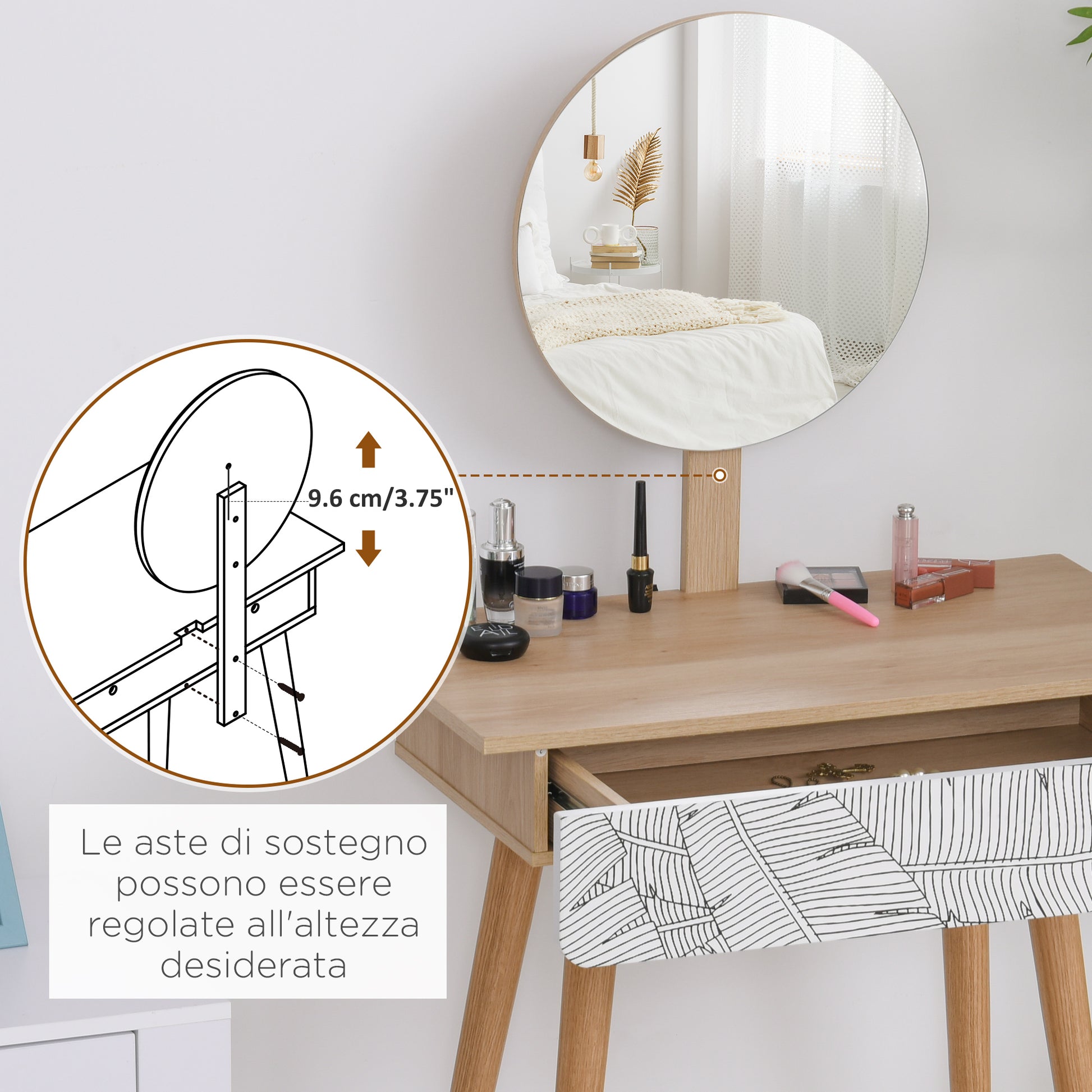 Makeup Vanity Table with Circular Mirror Ф39cm, Makeup Console with Drawer with Jungle Decoration, White and Oak, 70x39x119-128cm