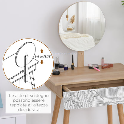 Makeup Vanity Table with Circular Mirror Ф39cm, Makeup Console with Drawer with Jungle Decoration, White and Oak, 70x39x119-128cm