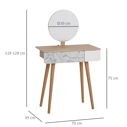 Makeup Vanity Table with Circular Mirror Ф39cm, Makeup Console with Drawer with Jungle Decoration, White and Oak, 70x39x119-128cm