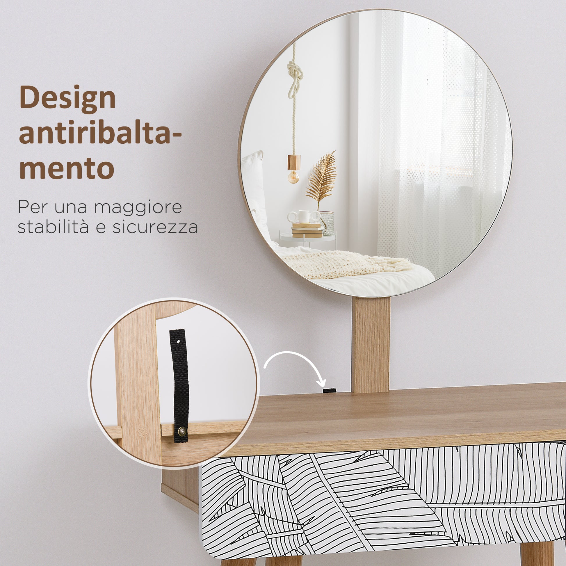 Makeup Vanity Table with Circular Mirror Ф39cm, Makeup Console with Drawer with Jungle Decoration, White and Oak, 70x39x119-128cm