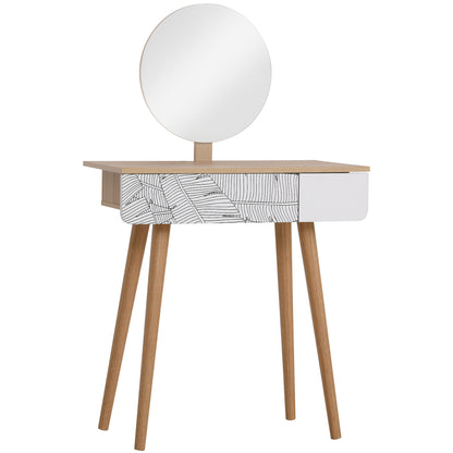 Makeup Vanity Table with Circular Mirror Ф39cm, Makeup Console with Drawer with Jungle Decoration, White and Oak, 70x39x119-128cm