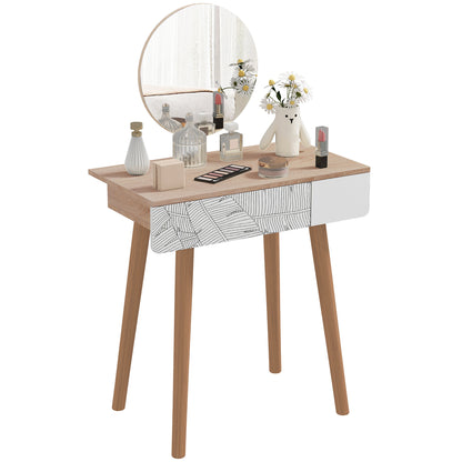 Makeup Vanity Table with Circular Mirror Ф39cm, Makeup Console with Drawer with Jungle Decoration, White and Oak, 70x39x119-128cm