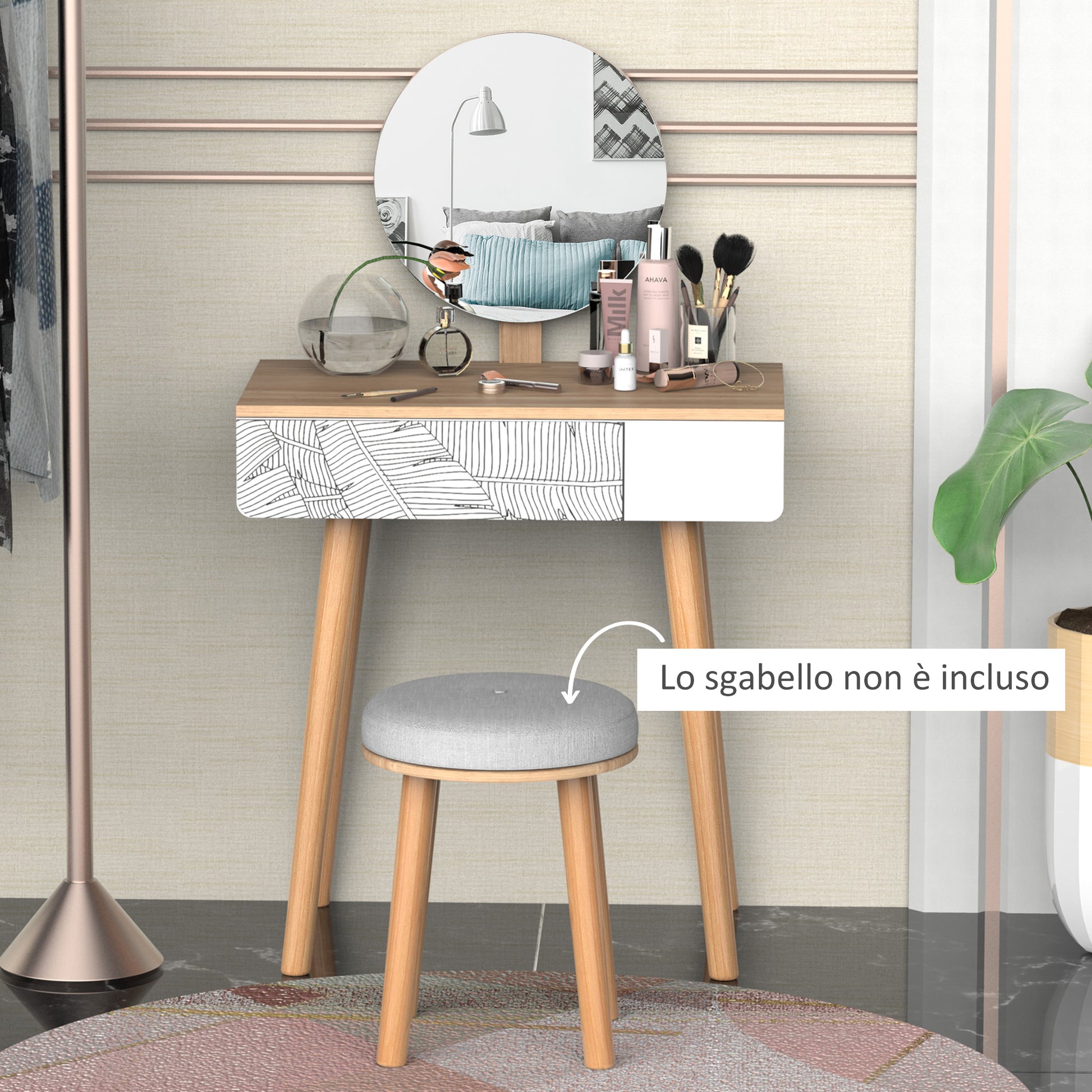 Makeup Vanity Table with Circular Mirror Ф39cm, Makeup Console with Drawer with Jungle Decoration, White and Oak, 70x39x119-128cm