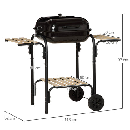 Charcoal BBQ with Shelves and Wheels, Wood BBQ with Lid and Air Vent, BBQ with Spatula, Tongs, Knife and Grill, Black