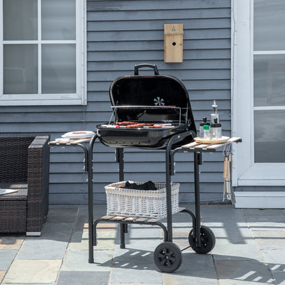 Charcoal BBQ with Shelves and Wheels, Wood BBQ with Lid and Air Vent, BBQ with Spatula, Tongs, Knife and Grill, Black