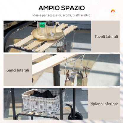 Charcoal BBQ with Shelves and Wheels, Wood BBQ with Lid and Air Vent, BBQ with Spatula, Tongs, Knife and Grill, Black