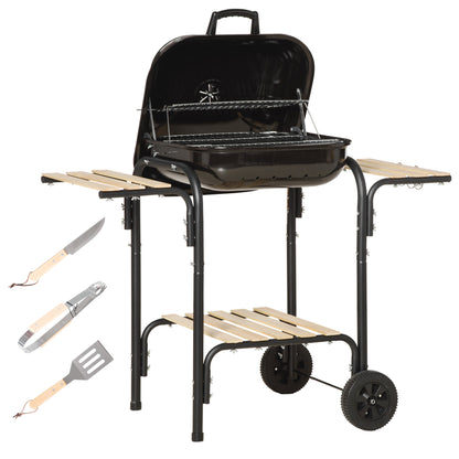 Charcoal BBQ with Shelves and Wheels, Wood BBQ with Lid and Air Vent, BBQ with Spatula, Tongs, Knife and Grill, Black