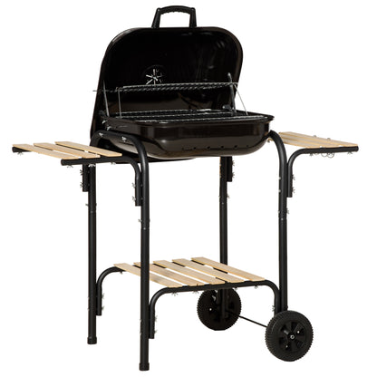 Charcoal BBQ with Shelves and Wheels, Wood BBQ with Lid and Air Vent, BBQ with Spatula, Tongs, Knife and Grill, Black