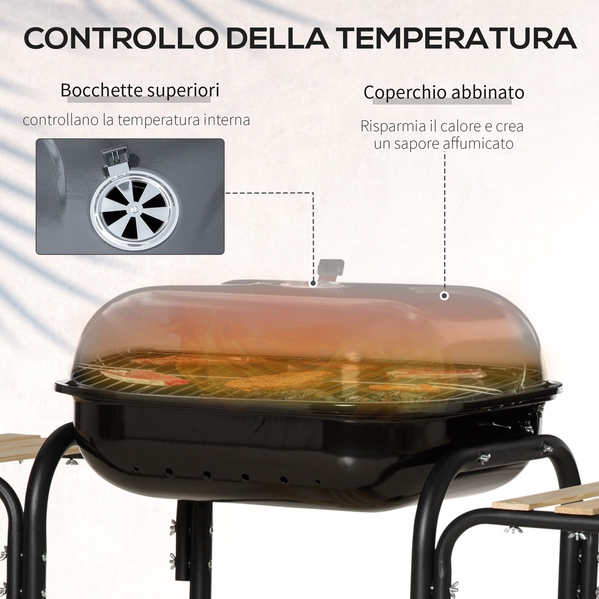 Charcoal BBQ with Shelves and Wheels, Wood BBQ with Lid and Air Vent, BBQ with Spatula, Tongs, Knife and Grill, Black