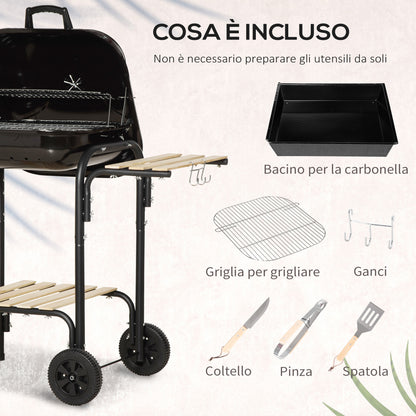 Charcoal BBQ with Shelves and Wheels, Wood BBQ with Lid and Air Vent, BBQ with Spatula, Tongs, Knife and Grill, Black