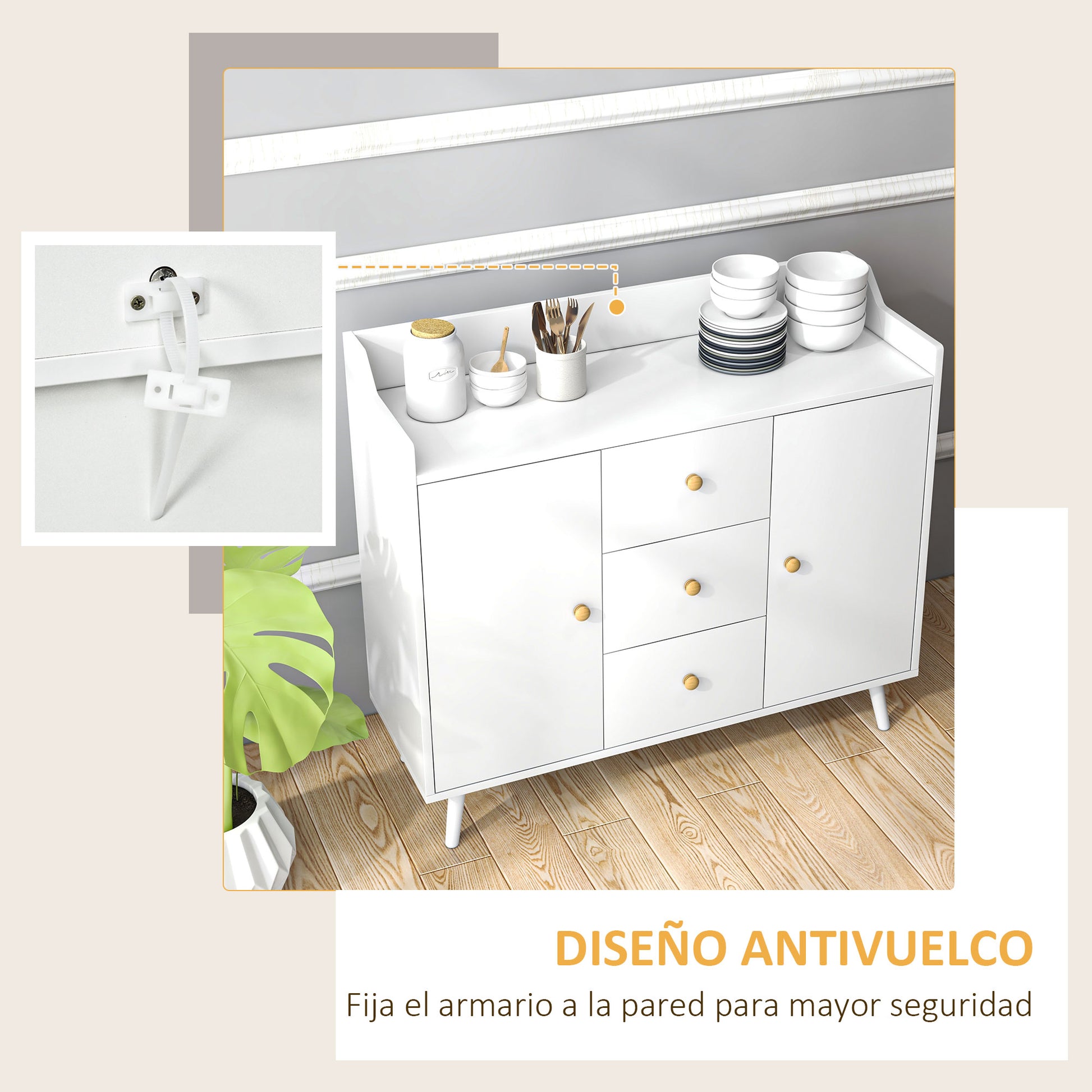 Modern Living Room Sideboard Kitchen Sideboard with 2 Doors 3 Drawers and Pine Wood Legs for Dining Room Hallway Bedroom 90x32x80 cm White