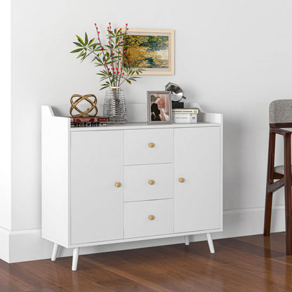 Modern Living Room Sideboard Kitchen Sideboard with 2 Doors 3 Drawers and Pine Wood Legs for Dining Room Hallway Bedroom 90x32x80 cm White