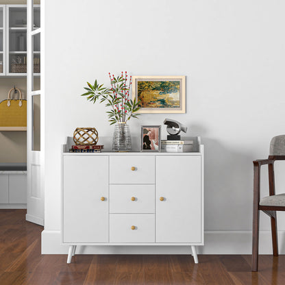 Modern Living Room Sideboard Kitchen Sideboard with 2 Doors 3 Drawers and Pine Wood Legs for Dining Room Hallway Bedroom 90x32x80 cm White