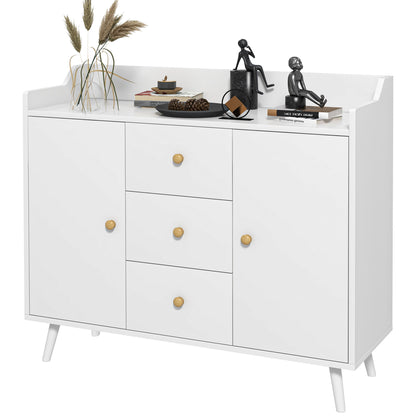 Modern Living Room Sideboard Kitchen Sideboard with 2 Doors 3 Drawers and Pine Wood Legs for Dining Room Hallway Bedroom 90x32x80 cm White