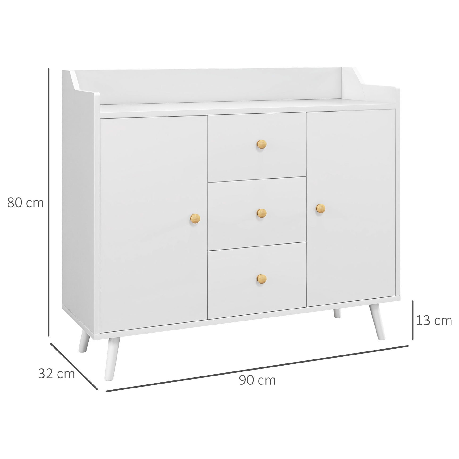 Modern Living Room Sideboard Kitchen Sideboard with 2 Doors 3 Drawers and Pine Wood Legs for Dining Room Hallway Bedroom 90x32x80 cm White