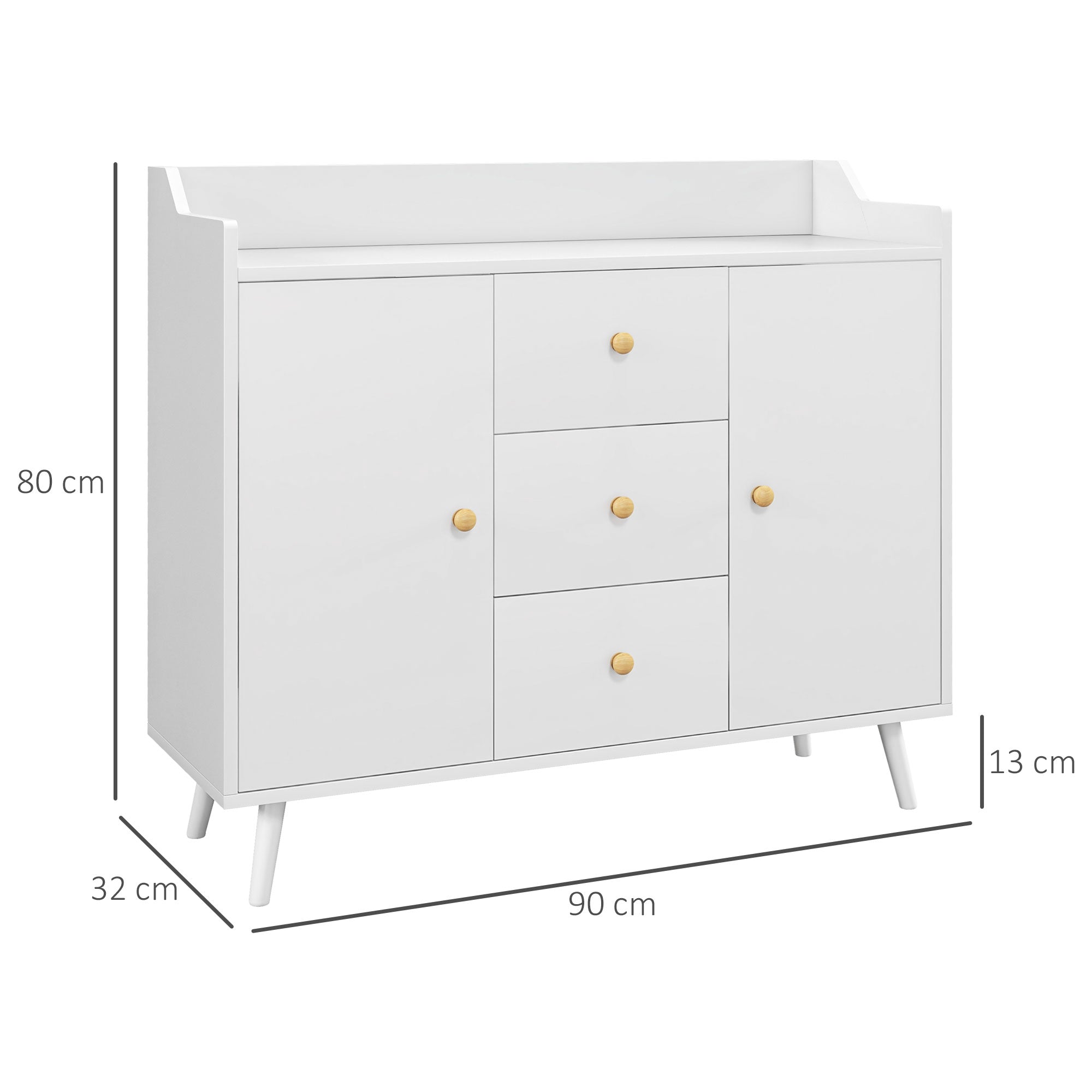Modern Living Room Sideboard Kitchen Sideboard with 2 Doors 3 Drawers and Pine Wood Legs for Dining Room Hallway Bedroom 90x32x80 cm White