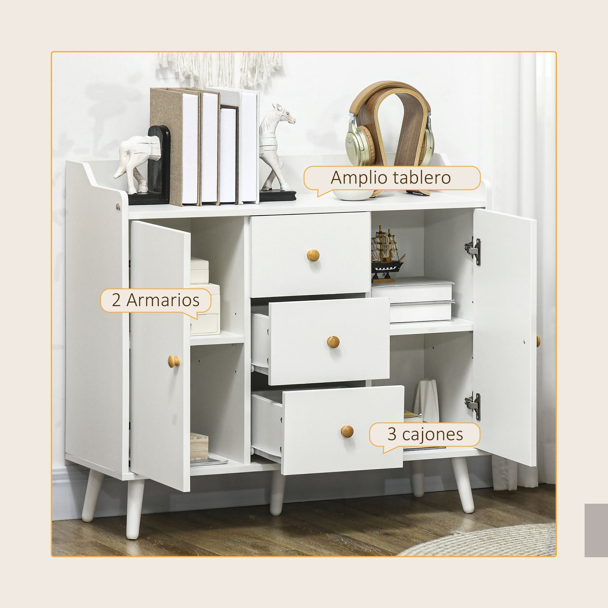 Modern Living Room Sideboard Kitchen Sideboard with 2 Doors 3 Drawers and Pine Wood Legs for Dining Room Hallway Bedroom 90x32x80 cm White
