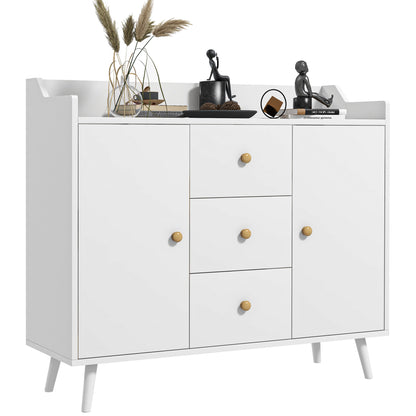 Modern Living Room Sideboard Kitchen Sideboard with 2 Doors 3 Drawers and Pine Wood Legs for Dining Room Hallway Bedroom 90x32x80 cm White