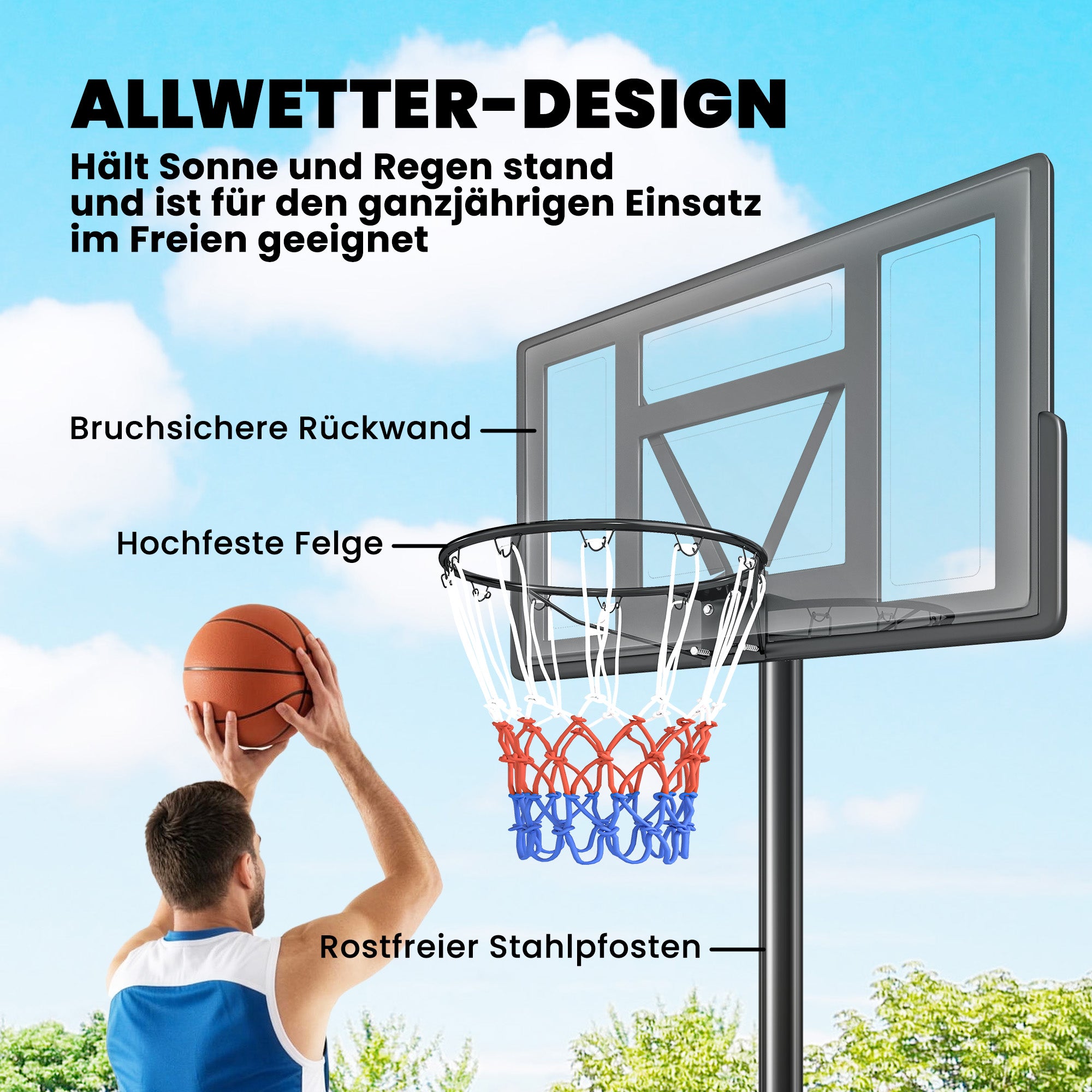 SPORTNOW Portable Outdoor Basketball Hoop — Quick Height Adjustment 4.4–10 ft (1.35–3.05 m) with 43 x 28 in Shatterproof Backboard, 2 Wheels & Weight Bag — For Teens & Adults