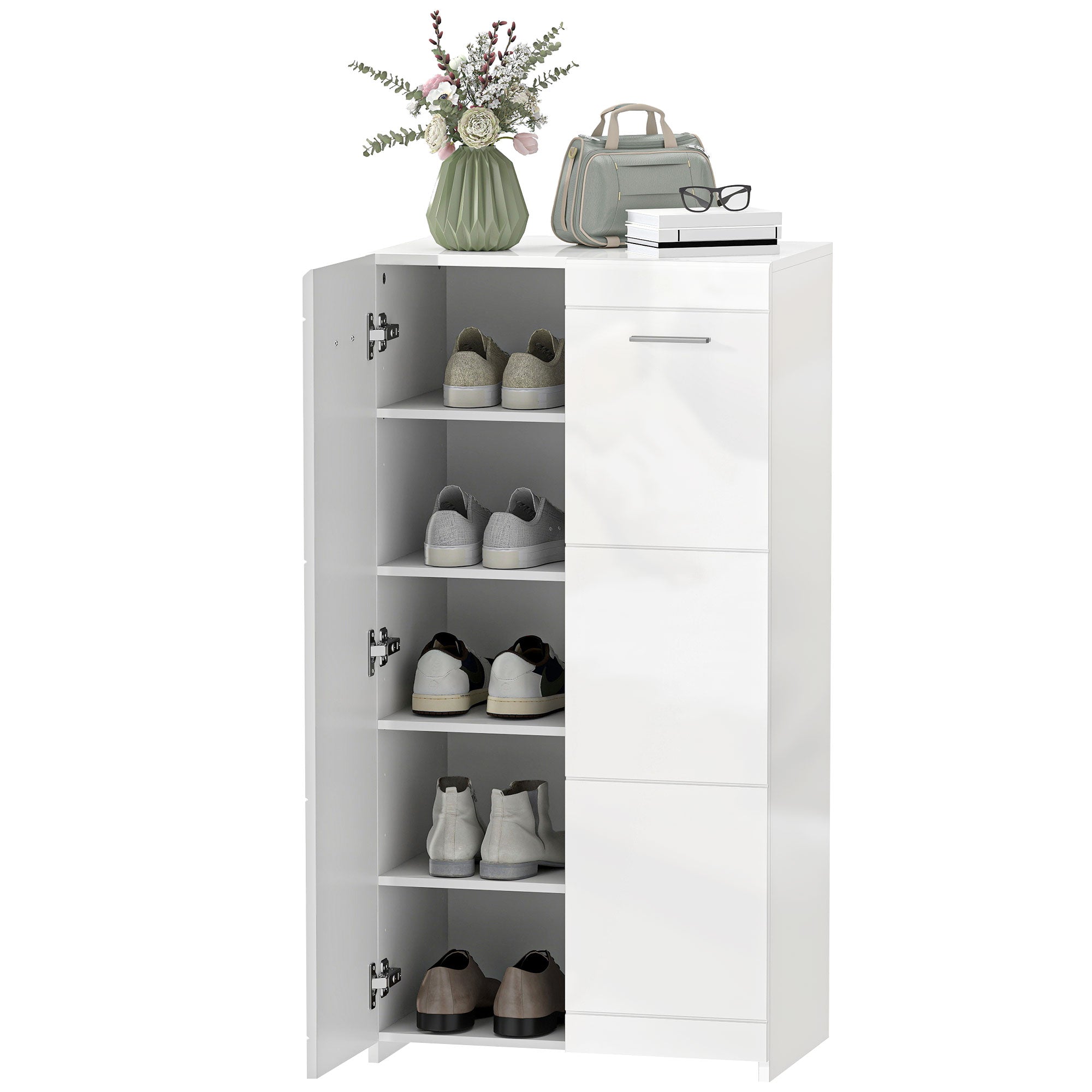 Shoe Cabinet, 2-Door 5-Tier Shoe Storage with Adjustable Shelves, Holds 10 Pairs, High-Gloss White, 21.7 x 14.2 x 42.5 in (55 x 36 x 108 cm)
