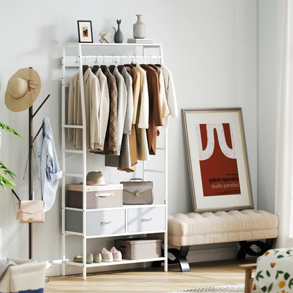 Coat Rack Shoe Rack Entryway Coat Rack with Shoe Storage 8 Hooks 2 Fabric Drawers Mesh Shelf Industrial Style for Hanging Clothes Hallway Bedroom Living Room 80x30x180.5 cm White