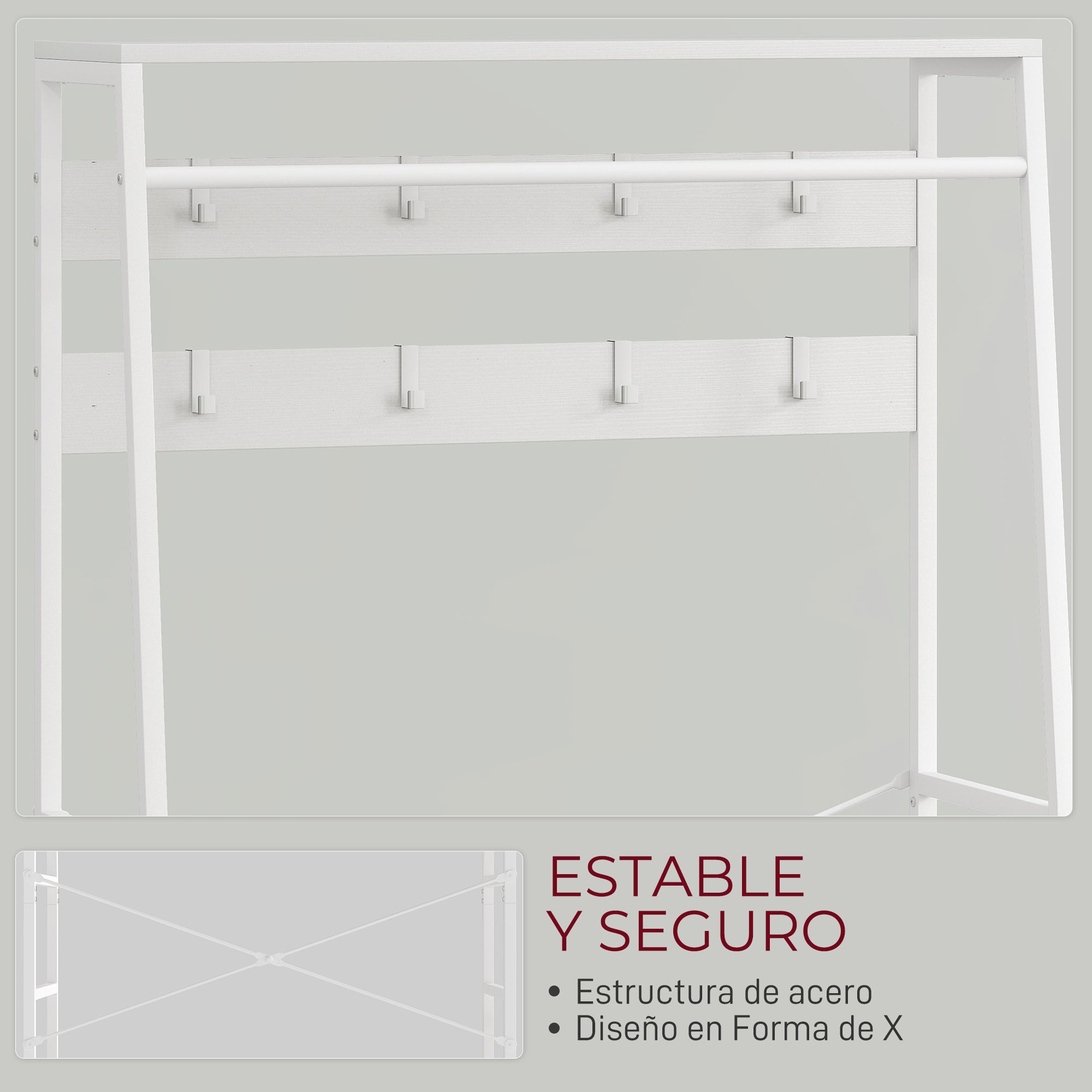 Coat Rack Shoe Rack Entryway Coat Rack with Shoe Storage 8 Hooks 2 Fabric Drawers Mesh Shelf Industrial Style for Hanging Clothes Hallway Bedroom Living Room 80x30x180.5 cm White